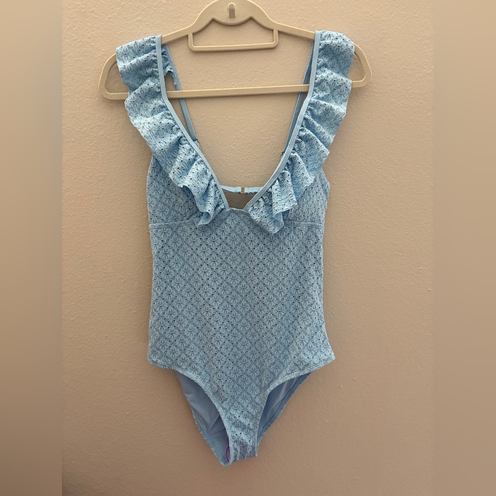 NWOT! Betsey Johnson light blue ruffled eyelet flowers one piece swimsuit